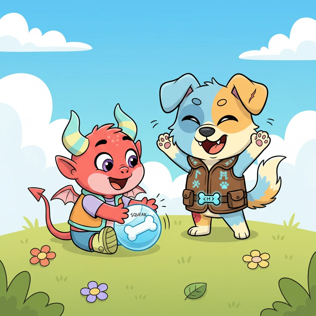 Piff, who loved anything bouncy and jiggling, couldn't resist the squeaky ball's charm. It peeked out, its eyes wide with curiosity, and then started to playfully bat at the ball. Sparky had successfully turned the tables!