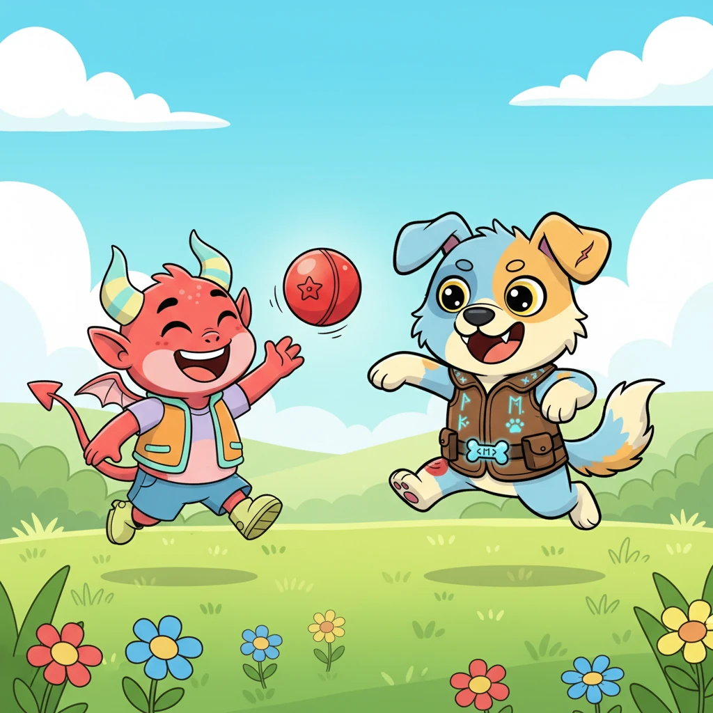 Piff, realizing Sparky wasn't trying to scare it away, let out a tiny, happy giggle. From that day on, the mischievous Giggle-Demon and the playful pup became the best of friends, spending their days chasing the squeaky ball and sharing cheerful adventures in the sunny meadow.