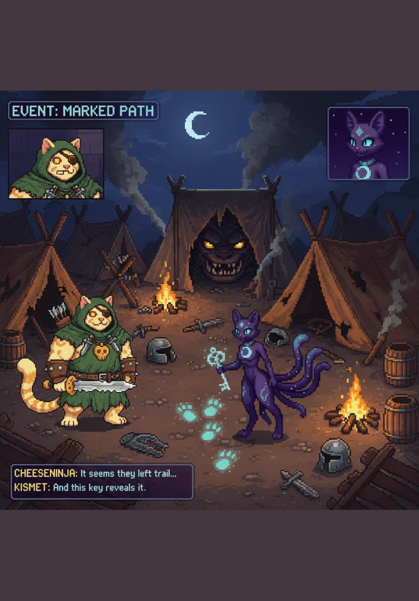 Amidst the chaos of a conquered camp, CheesePelt encountered ShadowSparkle, a sleek black cat with fur as smooth as midnight. Instead of fleeing like the others, she stood her ground, her amber eyes reflecting a mixture of defiance and curiosity.