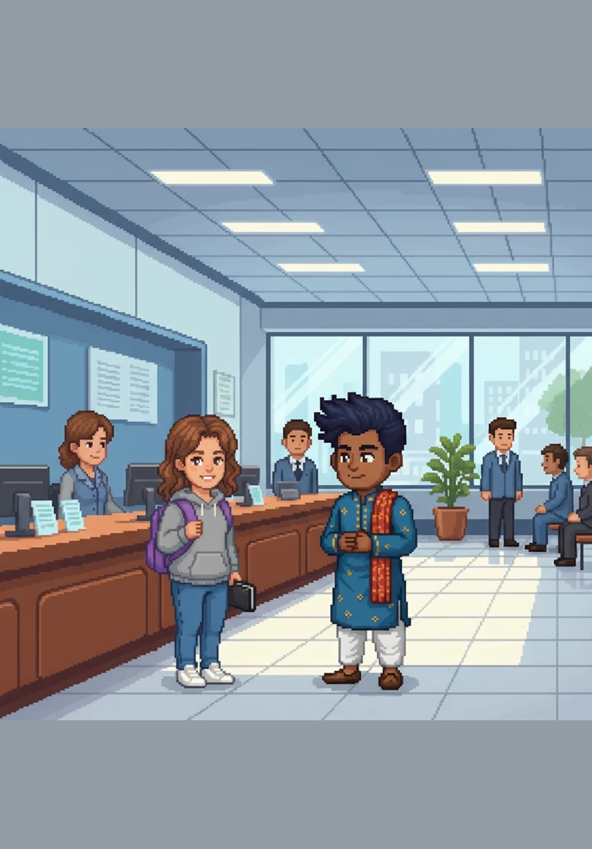 Ananya and Tharun stand in a brightly lit, modern bank, exchanging a polite nod and a quick hello near the teller counter. The atmosphere is professional and mundane, showing no hint of the comedic chaos that is about to follow in the coming weeks.