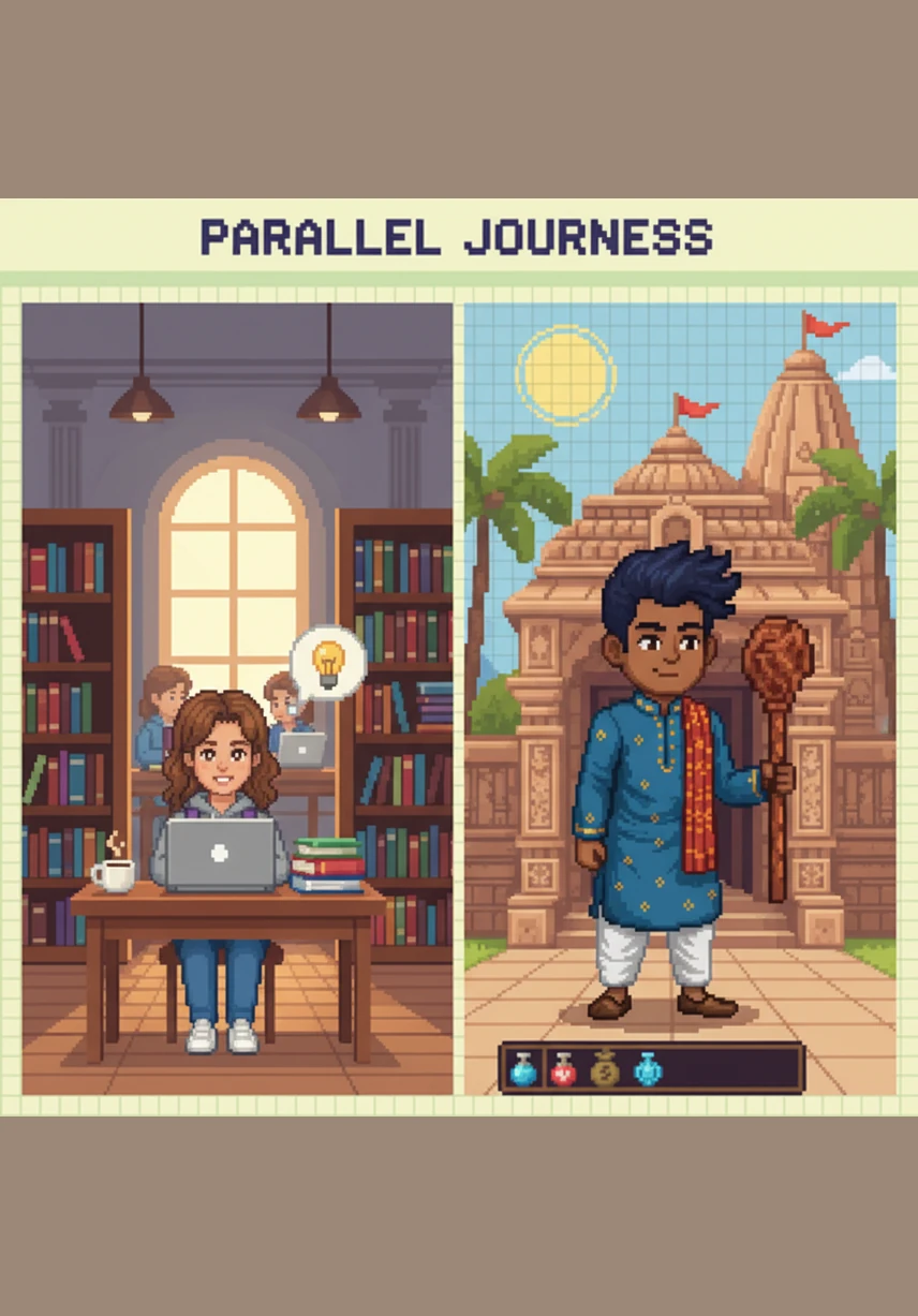 Ananya sits at her desk, meticulously calculating her travel time to reach the bus stop at exactly 9:30 AM with the confidence of a topper. Meanwhile, a split-screen view shows Tharun already standing at the Mekri Circle stop at 9:00 AM, checking his phone with a patient, mischievous grin.