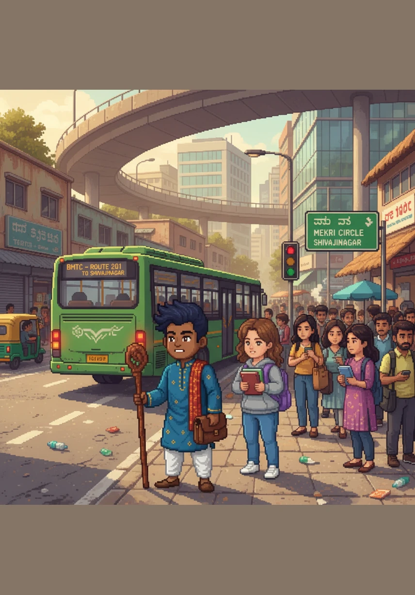 Ananya arrives at the bustling Mekri Circle bus stop, fully transformed into an undercover agent with a black mask, a winter cap, and thick spectacles. She spots Tharun sitting calmly on a bench, absorbed in his phone and completely unaware that his mysterious friend has arrived.