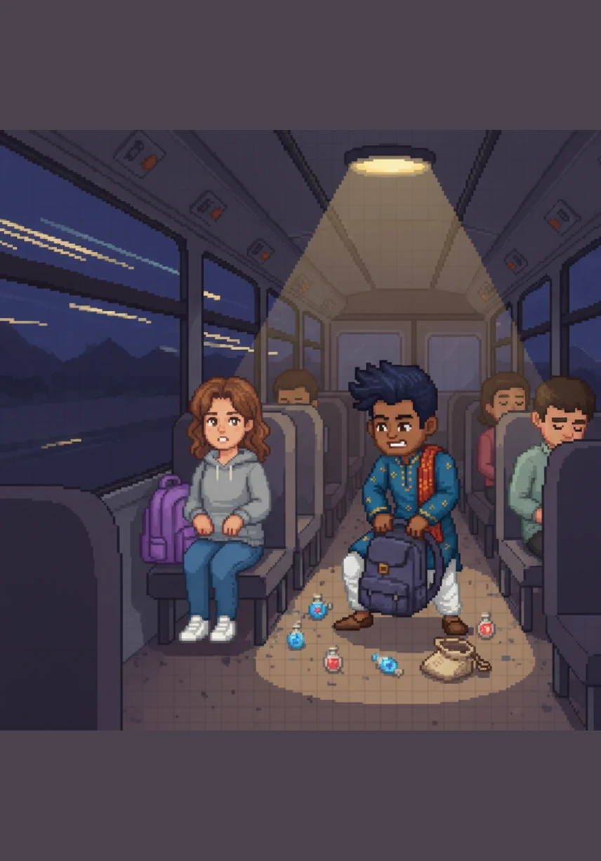 The bus suddenly jolts and swerves, causing Ananya to instinctively reach out and grab Tharun's hand for balance. Time seems to freeze as they both look down at their joined hands, a wave of sweet realization and quiet sparks washing over them in the middle of the bumpy ride.