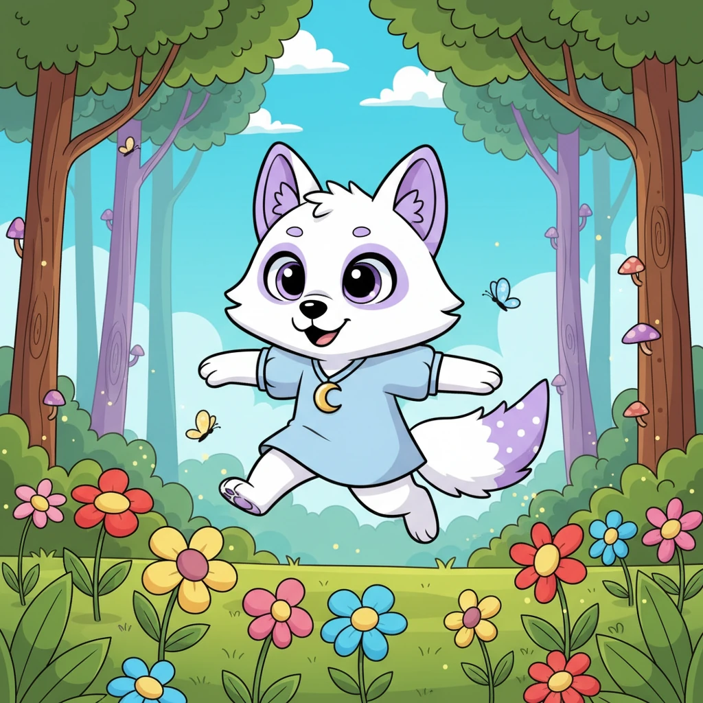Lila era uma loba branca muito especial, com orelhas e uma cauda pontilhadas de um lindo roxo vibrante. Ela vivia numa floresta cheia de árvores altas e flores coloridas, sempre com um sorriso no rosto. Seu pelo era macio como nuvens e seus olhos brilhavam com curiosidade.