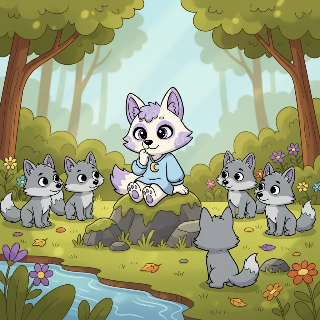 Às vezes, Lila sentia-se um pouco diferente dos outros lobos da sua alcateia, que eram todos cinzentos e não tinham os seus toques de cor. Ela se perguntava se os seus detalhes roxos eram um pouco estranhos, mas ela os amava secretamente.