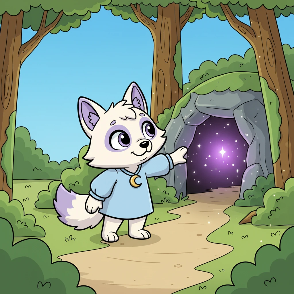 Numa manhã ensolarada, enquanto explorava um novo caminho, Lila viu um brilho suave e misterioso entre as árvores. Era a entrada de uma caverna escondida, que pulsava com uma luz púrpura cintilante. A curiosidade puxou-a para dentro.