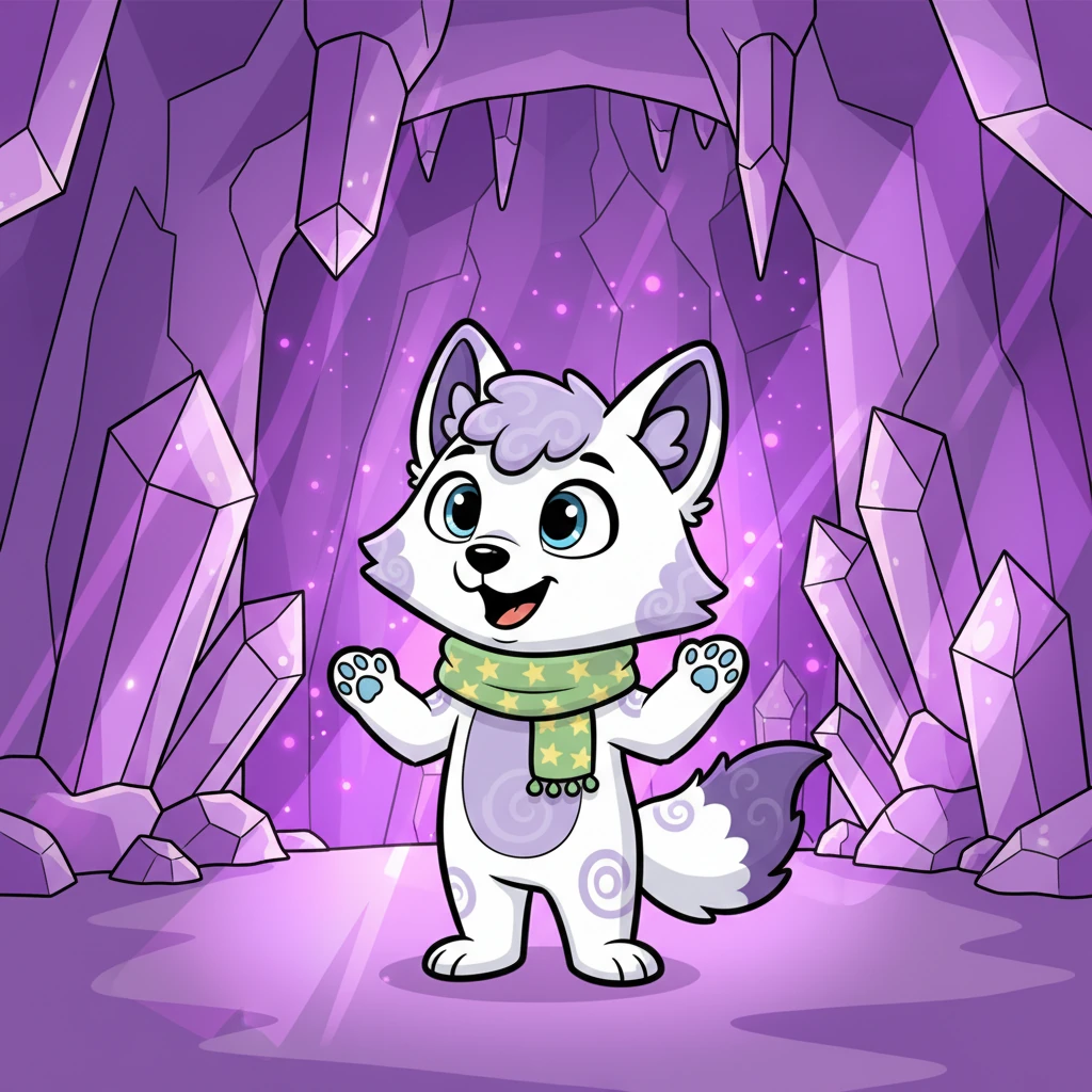 Com curiosidade, Lila entrou na caverna e ficou maravilhada! As paredes eram cobertas por cristais roxos brilhantes que refletiam a luz, fazendo com que os seus próprios toques roxos parecessem dançar e brilhar ainda mais. Era um lugar mágico, como um sonho.