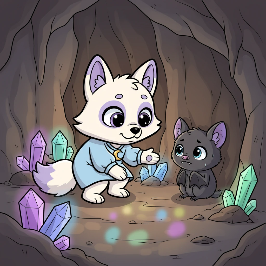 No fundo da caverna, num cantinho escuro, Lila avistou um pequeno morcego tímido, chamado Pip, que parecia assustado com o brilho dos cristais. Pip encolheu-se, com os olhos grandes e nervosos, tremendo ligeiramente.