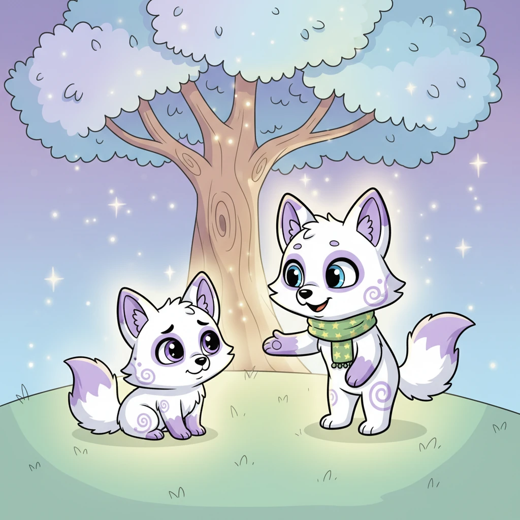 Lila, com a sua aura brilhante e um sorriso gentil, aproximou-se devagar de Pip. Ela falou baixinho, garantindo-lhe que estava tudo bem e que a luz era linda, não assustadora. Pip começou a relaxar, sentindo a gentileza de Lila.