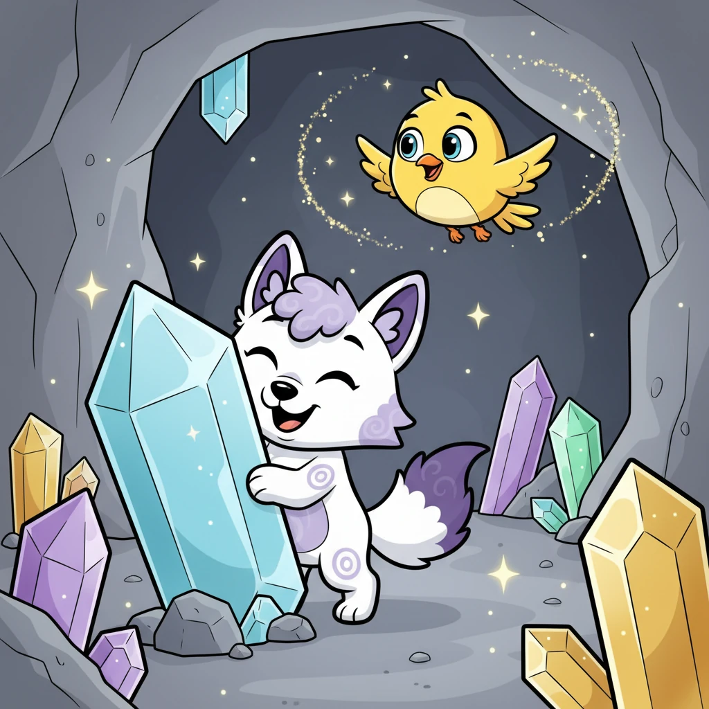 Não demorou muito para que Lila e Pip estivessem a brincar de esconde-esconde entre os cristais. A cauda roxa de Lila abanava feliz enquanto Pip voava em círculos, as suas risadas ecoando alegremente pela caverna. Eles se divertiam muito juntos.