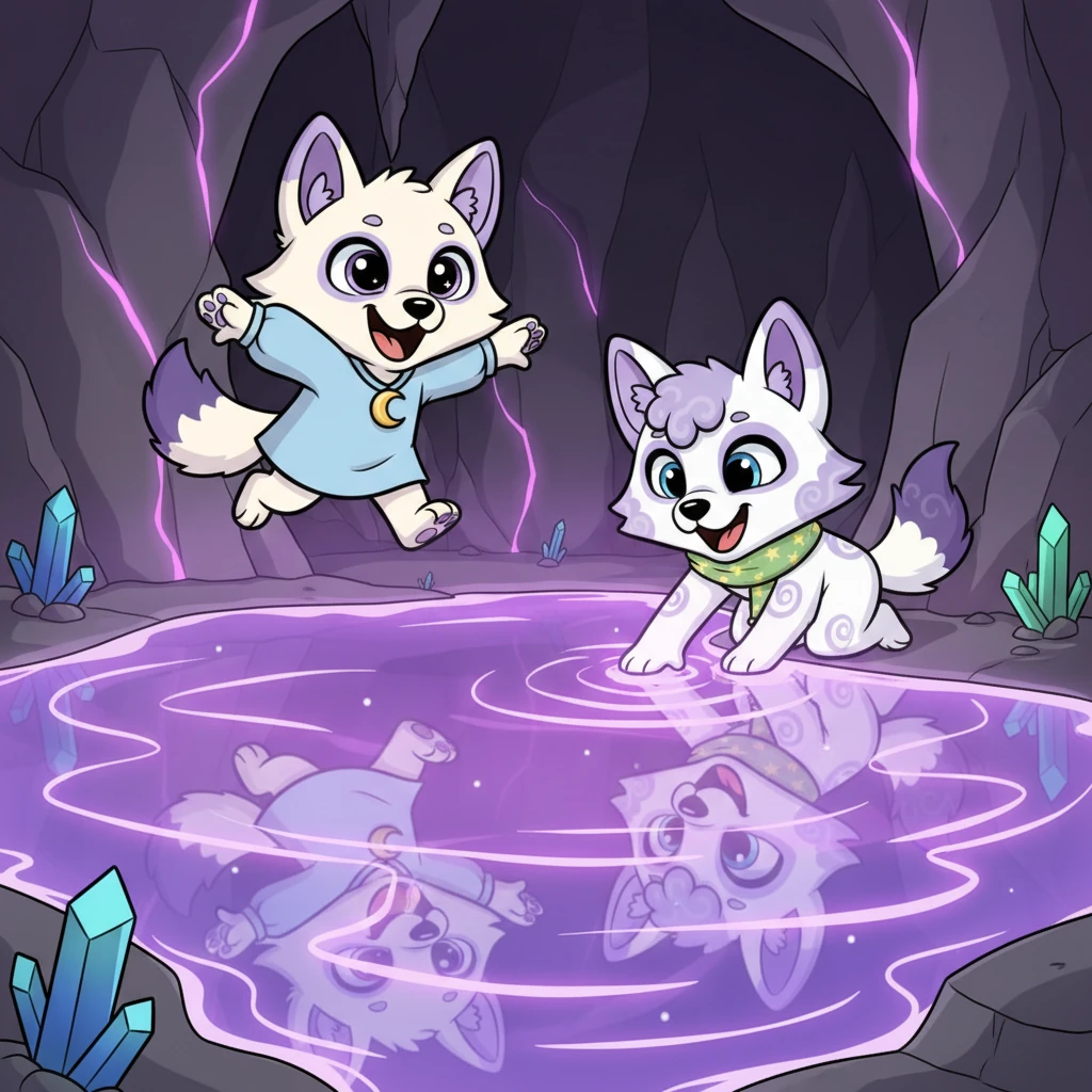 Juntos, eles descobriram um lago secreto no centro da caverna, com águas que brilhavam com a mesma luz roxa mágica. Suas faces felizes refletiam-se na superfície cintilante, um momento de pura alegria compartilhada. A água parecia dançar com a luz.