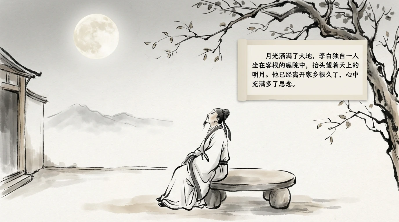 月光洒满了大地，李白独自一人坐在客栈的庭院中，抬头望着天上的明月。他已经离开家乡很久了，心中充满了思念。
