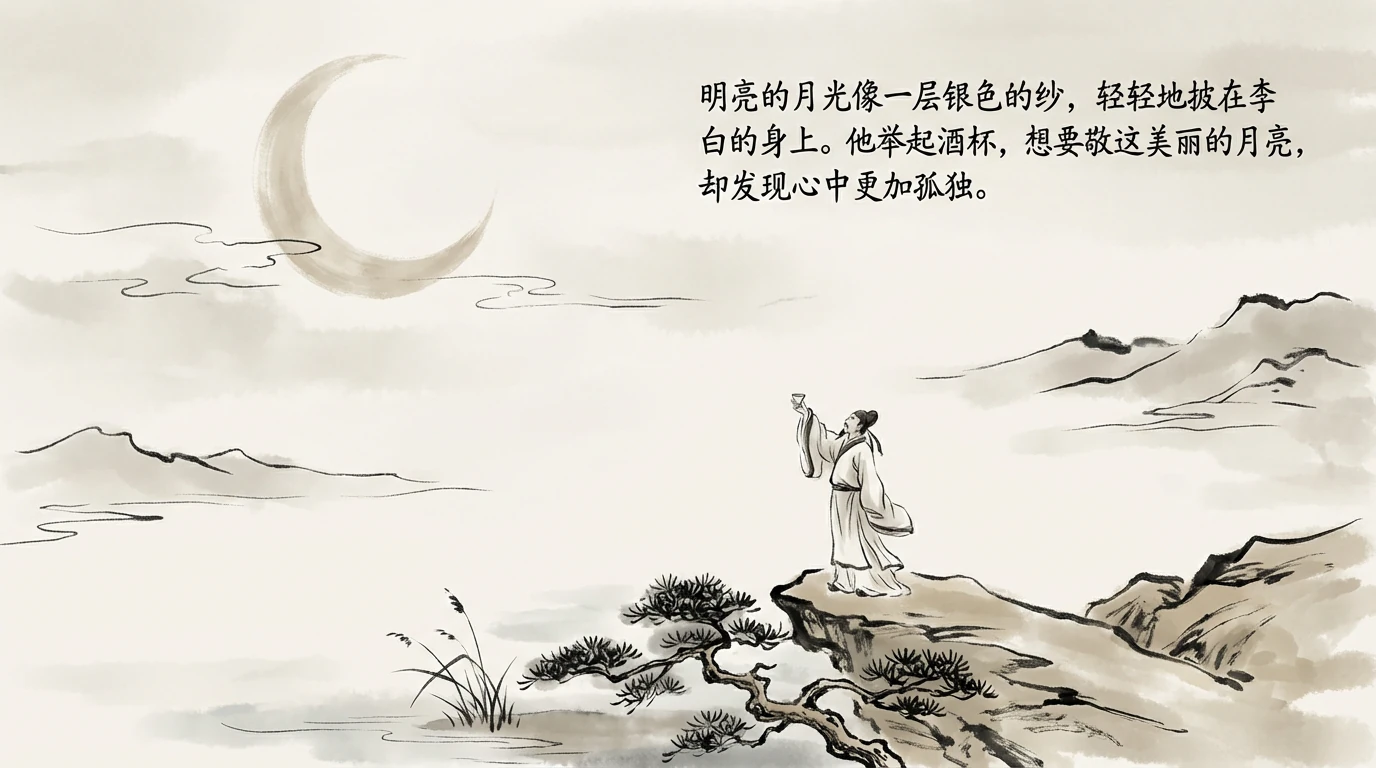 明亮的月光像一层银色的纱，轻轻地披在李白的身上。他举起酒杯，想要敬这美丽的月亮，却发现心中更加孤独。