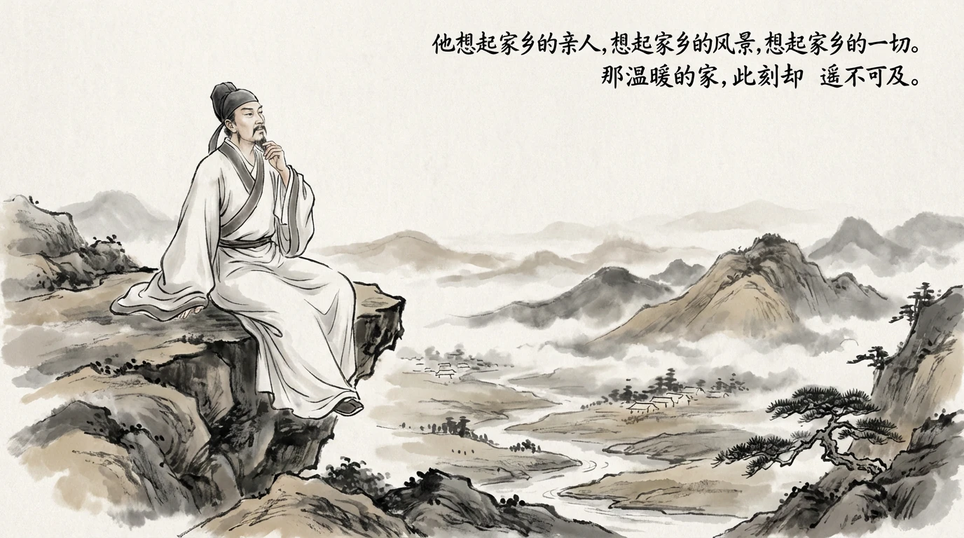 他想起家乡的亲人，想起家乡的风景，想起家乡的一切。那温暖的家，此刻却遥不可及。