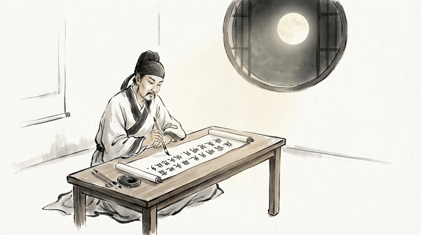 李白放下酒杯，拿起笔，想要将心中的思念写下来。他写道：“床前明月光，疑是地上霜。举头望明月，低头思故乡。”