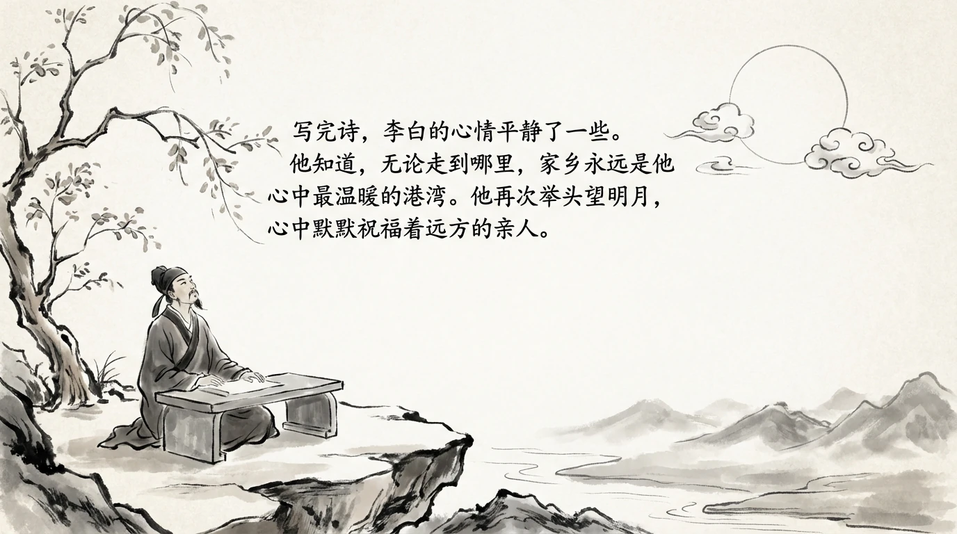 写完诗，李白的心情平静了一些。他知道，无论走到哪里，家乡永远是他心中最温暖的港湾。他再次举头望明月，心中默默祝福着远方的亲人。
