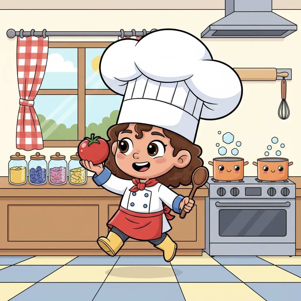 Chef Pippa, a tiny but mighty chef with a giant chef hat, bounces around her kitchen, humming a happy tune. Her eyes sparkle with delight as she inspects a perfectly ripe tomato. She believes every meal should be a masterpiece, full of flavor and fun.