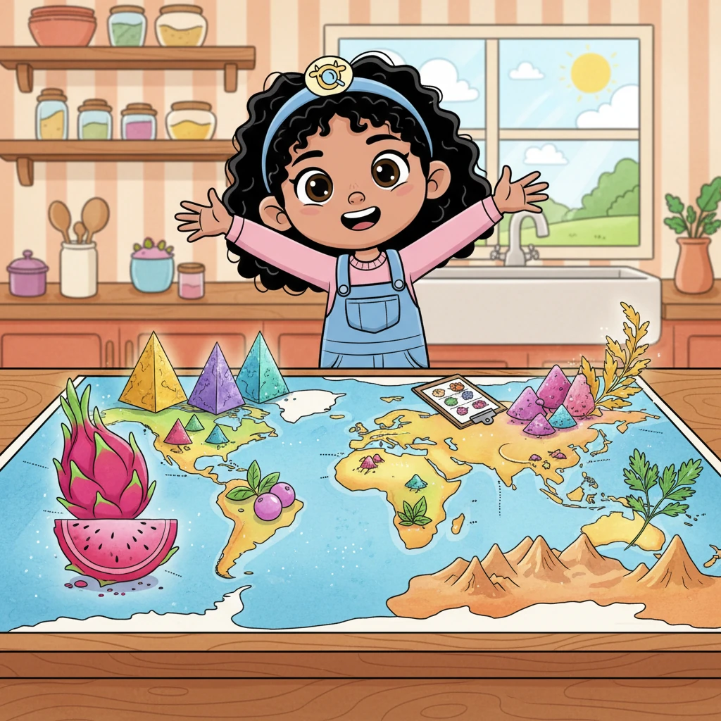 Pippa realizes her usual ingredients won't be enough for such a grand occasion. She needs exotic, super-fresh ingredients from the farthest corners of the world. Her kitchen table becomes a map of colorful possibilities, dotted with imaginary lands.
