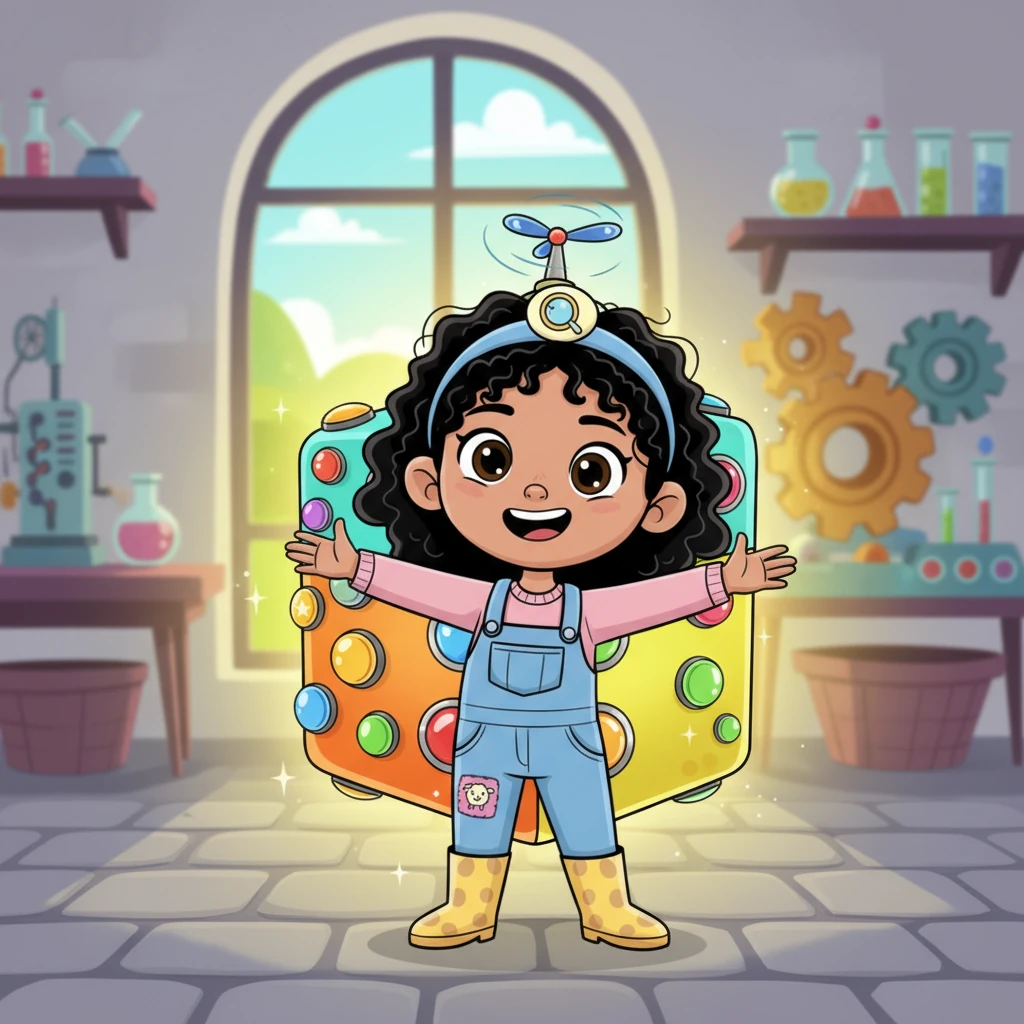 With a triumphant grin, Pippa unveils her latest invention: the "Quality-Container 3000"! It's a whimsical, brightly colored cube with shiny buttons and a tiny propeller on top, designed to keep ingredients perfectly fresh on any journey. It glows softly with anticipation, ready for adventure.