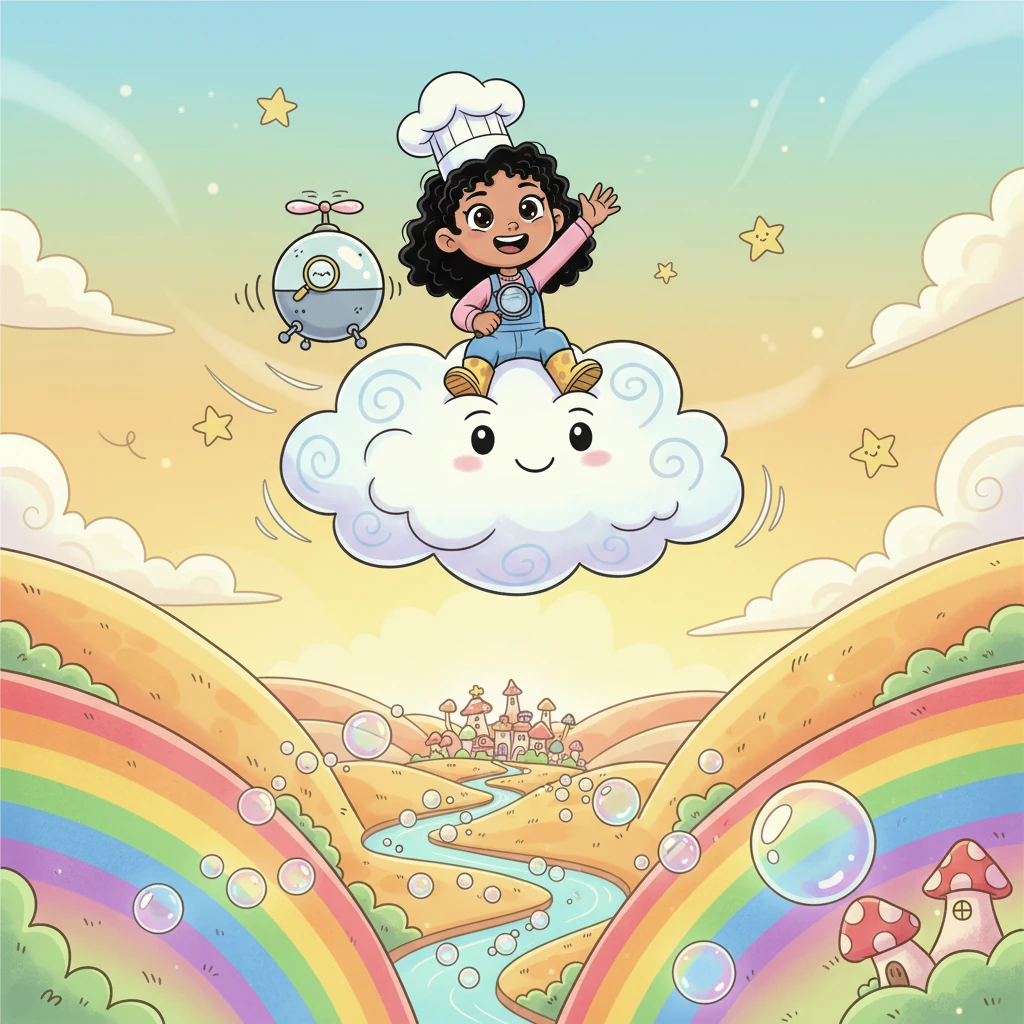 Pippa, with her Quality-Container 3000 buzzing happily beside her, sets off on her adventure. She rides a friendly cloud, soaring over rainbow valleys and bubbly rivers. Her chef hat bobs with excitement as she waves goodbye to her town.