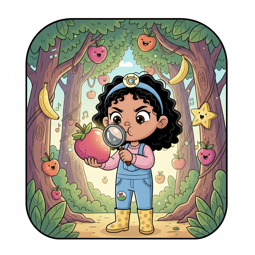 Her first stop is a jungle of colossal, singing fruit trees. Pippa carefully plucks a gigantic, glowing berry, holding it up to her magnifying glass. She gives it a sniff and a tiny nibble, her face scrunching in delightful "quality analysis."