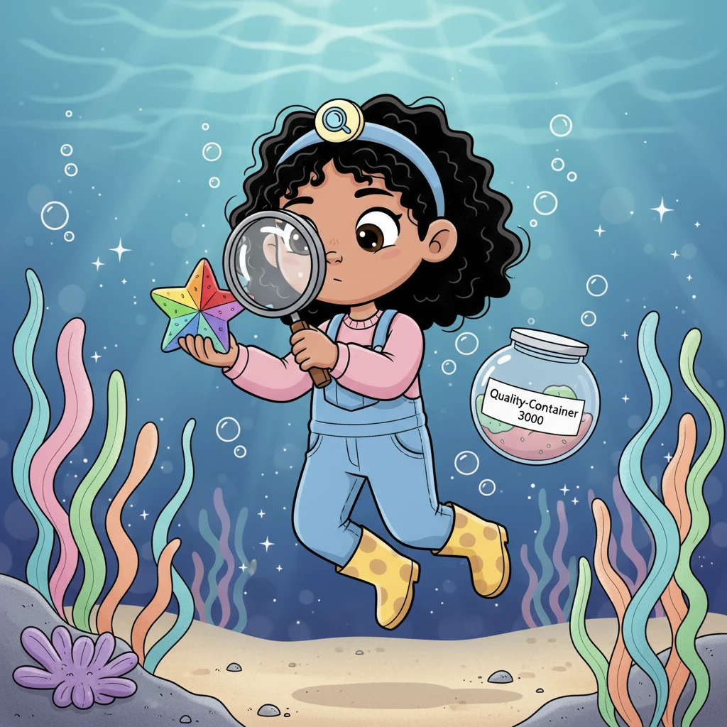 Next, she dives into a sparkling underwater garden, where rainbow seaweed sways gently. Pippa carefully selects a crunchy, star-shaped vegetable, examining its vibrant colors and crisp texture. Her Quality-Container 3000 floats beside her, ready to store the precious find.