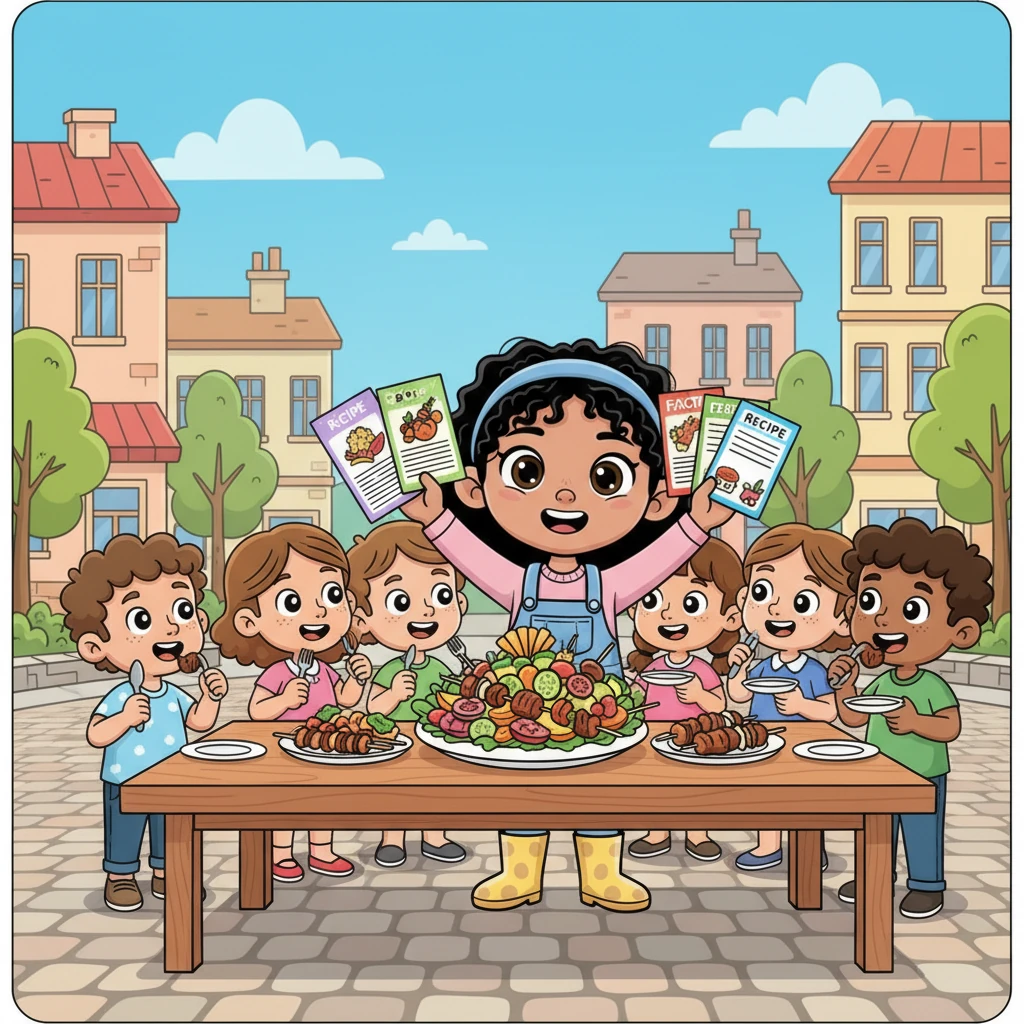 The town gathers, their eyes wide with wonder at Pippa's magnificent dish, laid out beautifully on a grand table. As everyone savors the flavors, Pippa proudly shares her "secrets" – colorful recipe cards and ingredient facts – ensuring everyone can appreciate the joy of quality food and friendship.