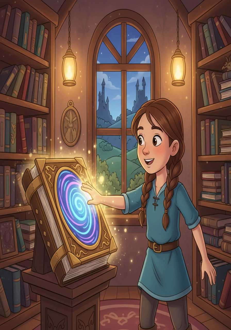 A particular, ornate book caught Emma's eye, its cover depicting a swirling portal. Curiosity sparked within her, and she reached out to touch the mysterious book. As her fingers brushed the cover, a warm glow enveloped her.