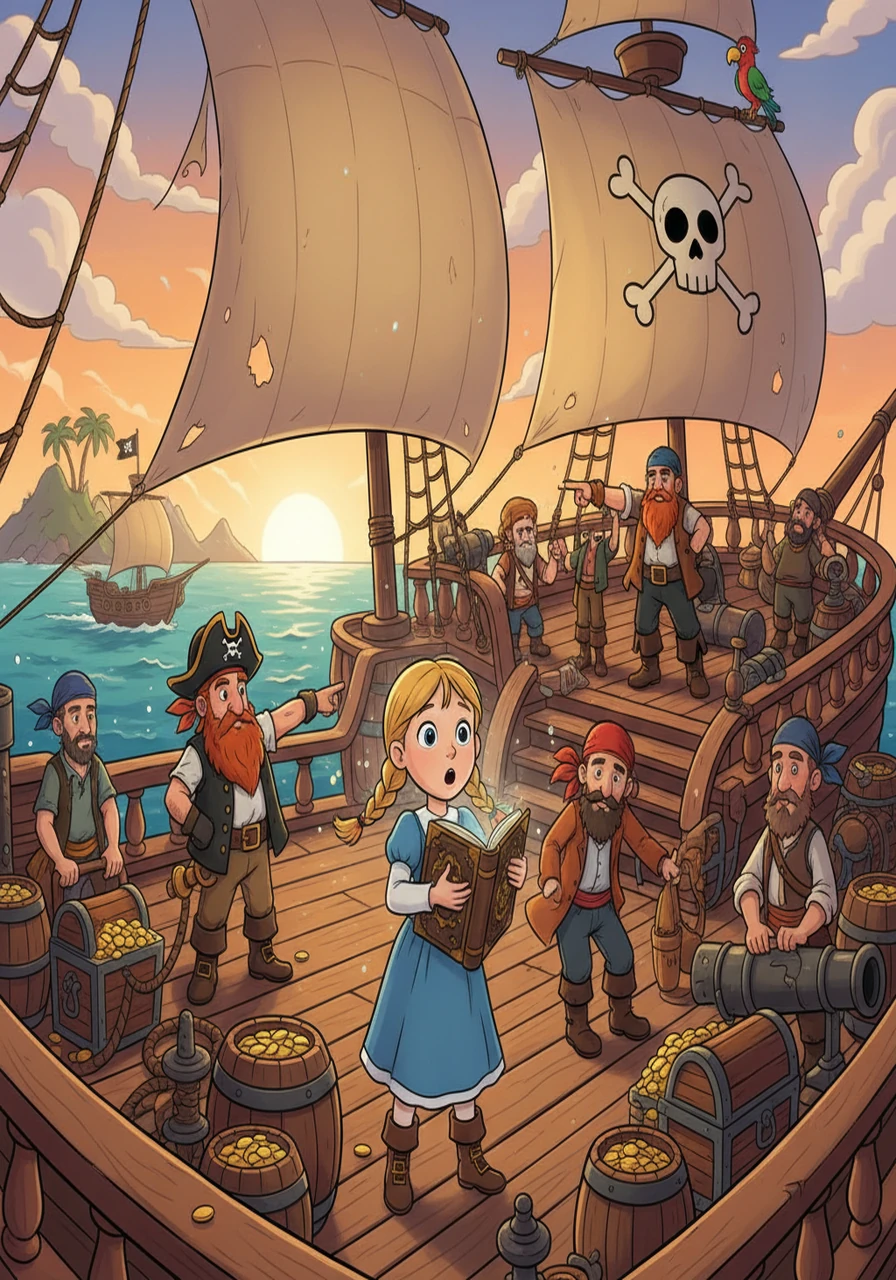 Suddenly, Emma found herself standing on the deck of a pirate ship, the salty air filling her lungs. The book had whisked her away to a world of swashbuckling adventure. Around her, a crew of jolly pirates were busy preparing for their next voyage.