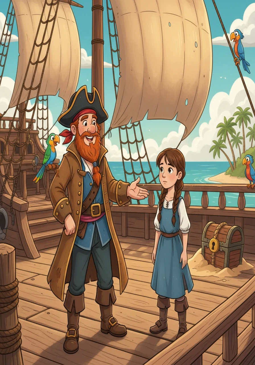 The pirate captain, a friendly fellow with a mischievous grin, welcomed Emma aboard. He explained that she could join their quest for buried treasure. Emma, though initially hesitant, felt a surge of excitement.