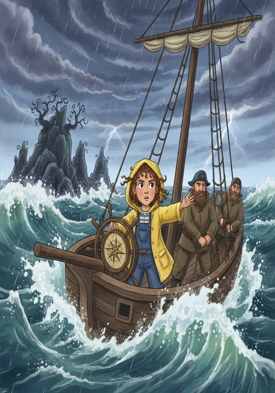 Their journey led them through stormy seas and past dangerous islands. Emma, using her wits and newly found courage, helped the crew navigate treacherous waters. She found herself growing more confident with each passing challenge.