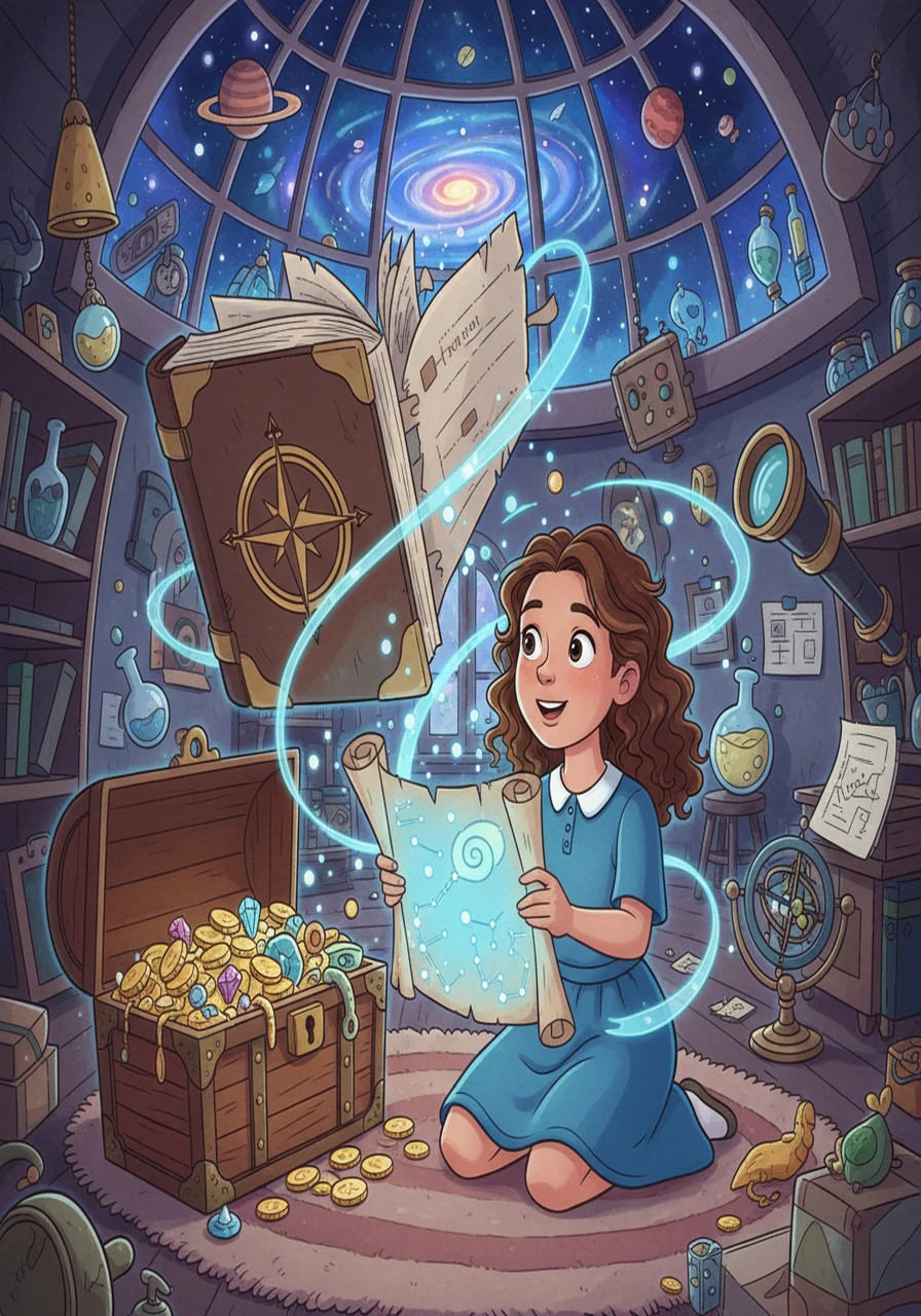 One day, Emma stumbled upon a secret map within the treasure chest, leading to the stars. The book shifted, and she felt the familiar pull, this time towards a world of scientific discovery.