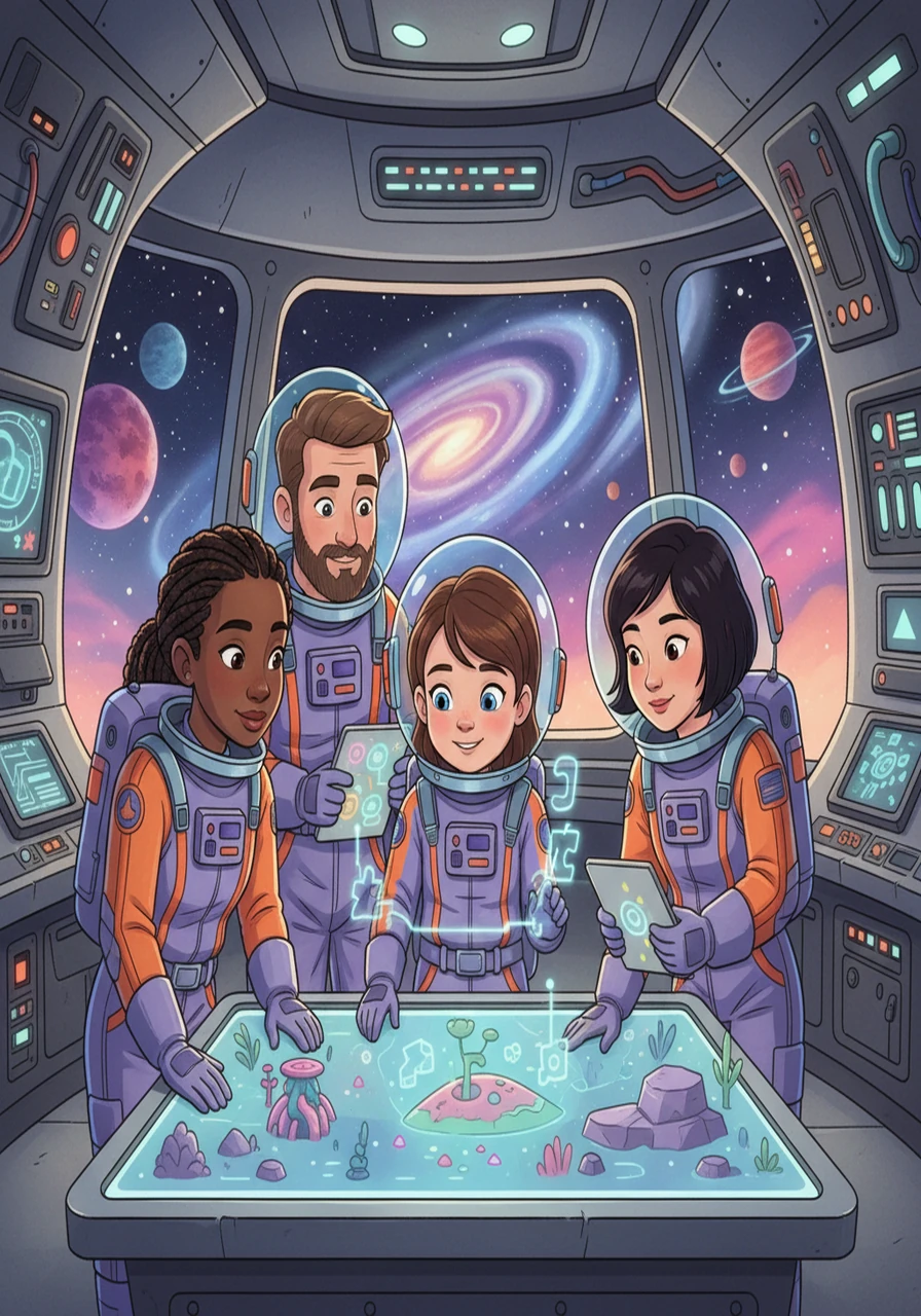 Now she was in a futuristic spaceship, preparing for a voyage through the cosmos. She met a team of astronauts, eager to explore new planets. Emma helped them analyze alien landscapes and solve complex puzzles.
