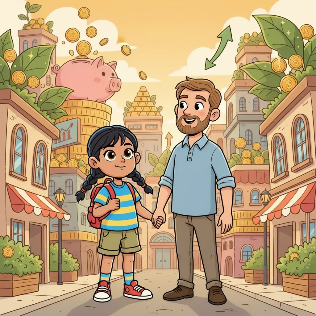 Riya, a curious girl with bright eyes and pigtails, lived in the bustling city of Financia. She often wondered where money came from, a question that filled her with curiosity. Her father, with a warm smile, explained that money grew in the Financial Markets, sparking Riya's interest.