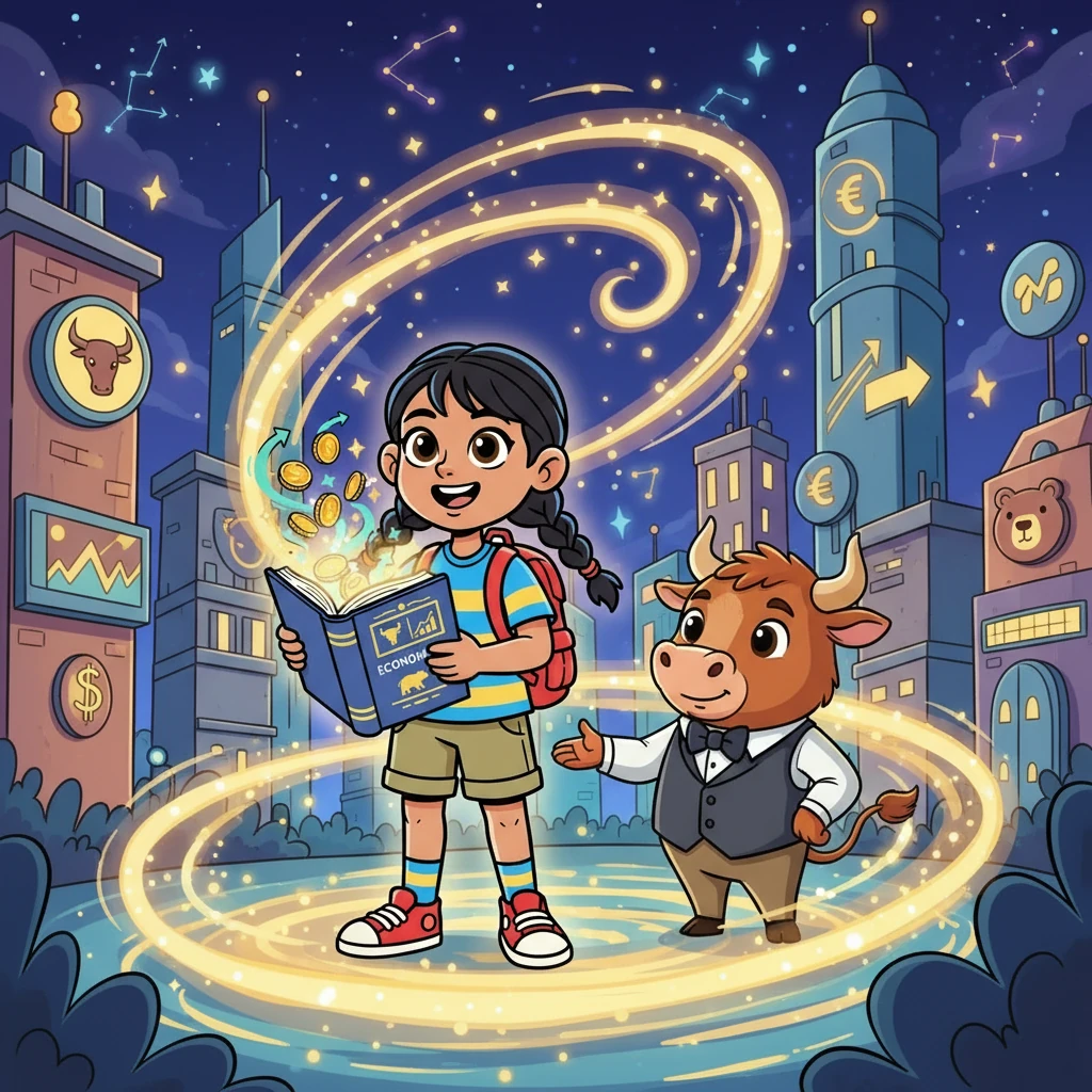 One night, as Riya opened her economics book, a brilliant light enveloped her. She found herself in a fantastical city, with towering structures labeled Stock Market, Bond Market, and more. A friendly guide, Mr. Bull, appeared, inviting her on a tour of this exciting world.