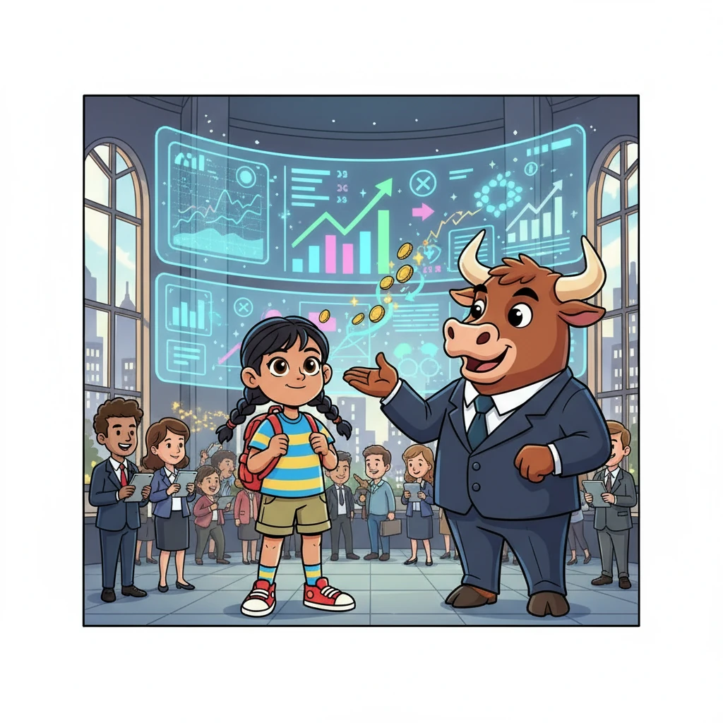Mr. Bull led Riya to the Stock Market Tower, where traders buzzed, and screens flashed numbers. He explained that companies sell shares, small pieces of ownership, and when the company prospers, so does the value of the shares. Riya was amazed that she could be part of big companies!