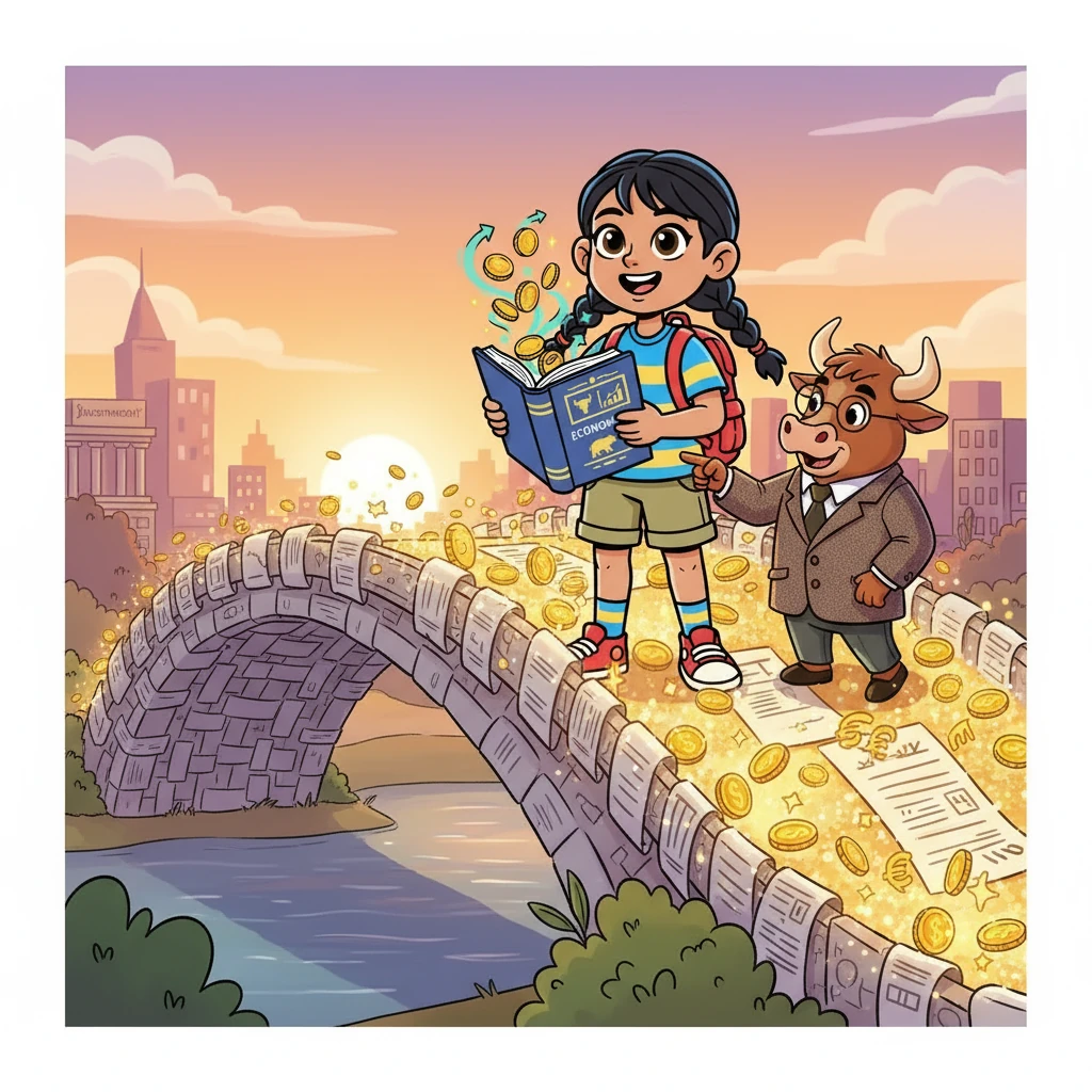 Next, they crossed the Bond Bridge, shimmering with golden coins. Mr. Bull explained that bonds were like loans, providing a safe way to earn returns. Riya understood that bonds were a way for governments and companies to borrow money and pay it back with interest.