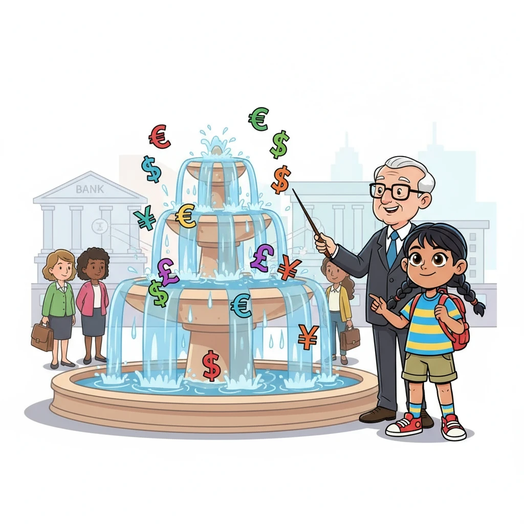 They arrived at the Forex Fountain, where water transformed into colorful currencies. Mr. Bull explained how countries traded money, with people and banks buying and selling based on values. Riya realized this was why travelers exchanged money at airports!
