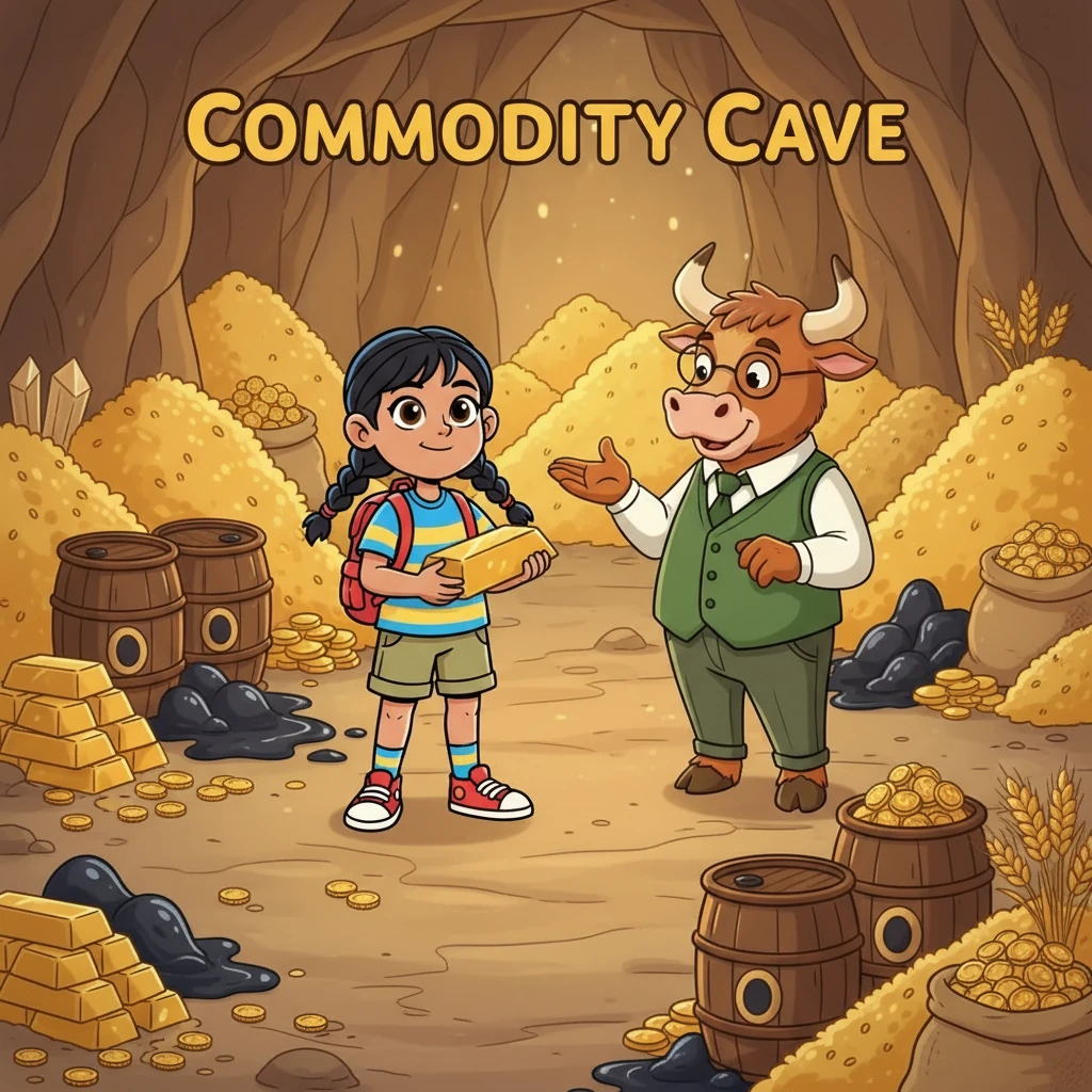 Finally, they entered the Commodity Cave, filled with gold, oil, and wheat. Mr. Bull explained these were real goods traded in the market, with prices changing based on supply and demand. Riya held a bar of gold, realizing investors trade things we use daily.