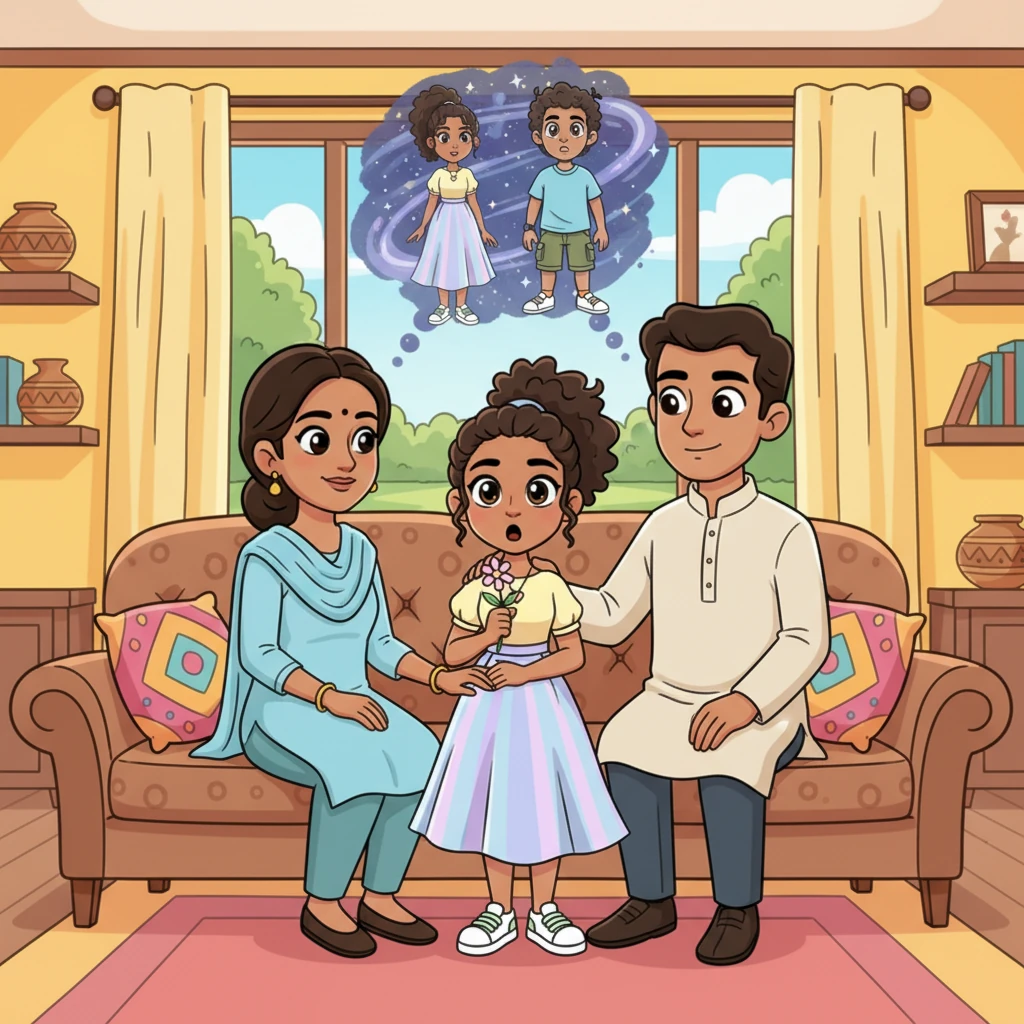 Anjuly sat quietly in her family's brightly decorated living room, her eyes wide with surprise as her parents gently announced her impending arranged marriage. A wave of shyness washed over her, her heart fluttering like a trapped bird, even as she nodded respectfully. She pictured a future with a complete stranger, a mix of fear and quiet determination blooming within her.