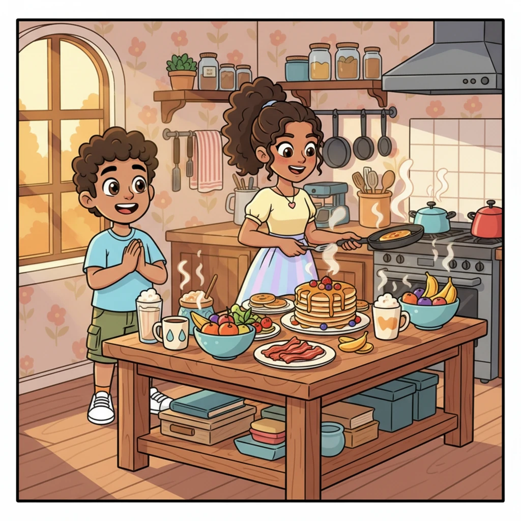 The following morning, Anjuly rose before dawn, transforming the kitchen into a fragrant haven with the aroma of freshly cooked breakfast. Ryan, waking late, was drawn by the delicious smells and found a lavish spread waiting. He watched, impressed, as Anjuly moved with quiet efficiency, her culinary skills a pleasant surprise.