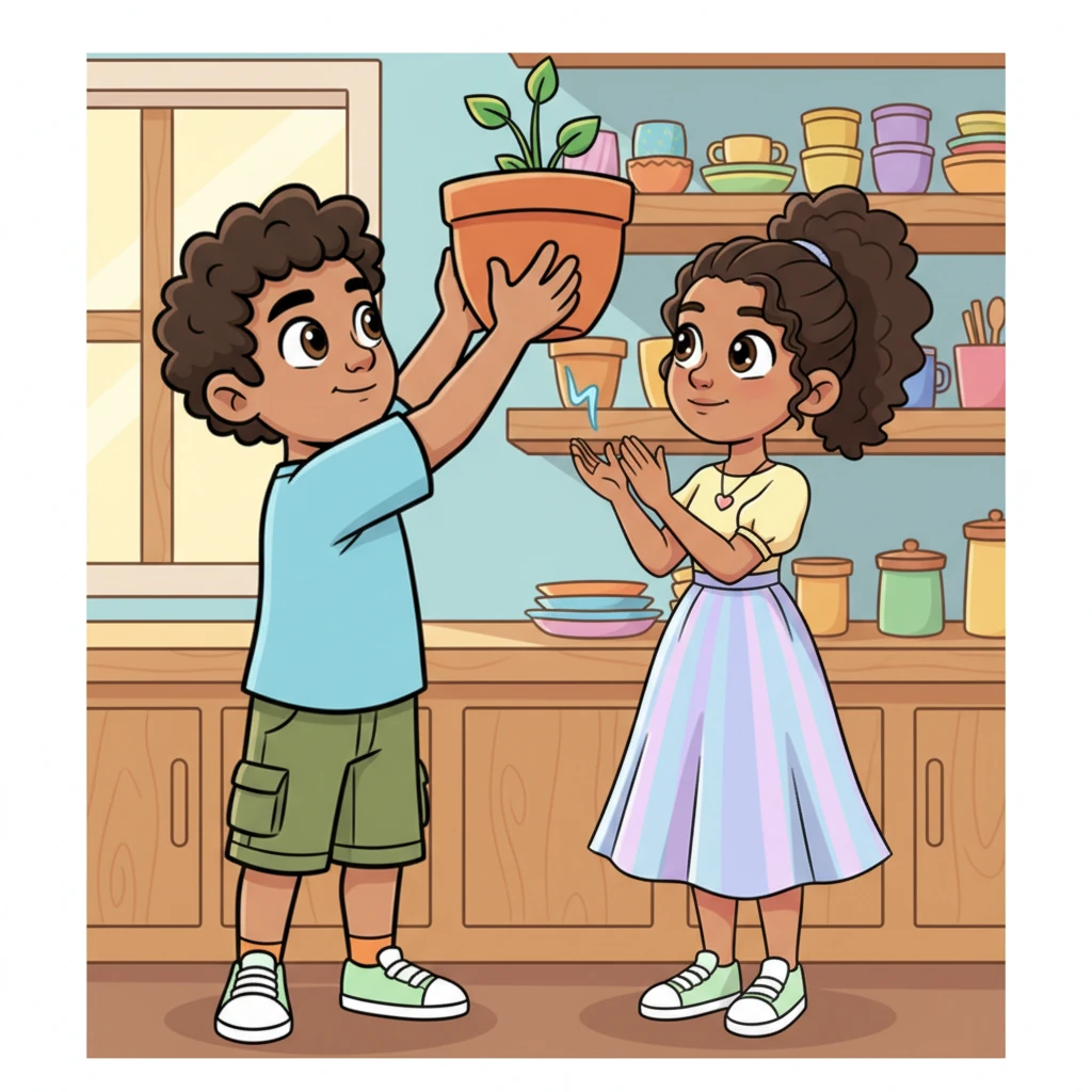 One afternoon, as Anjuly struggled to lift a heavy pot onto a high shelf, Ryan instinctively stepped forward, his strong hands easily placing it for her. Their fingers brushed, a small jolt passing between them, and Anjuly offered a soft, shy 'thank you,' her eyes briefly meeting his in a moment of unexpected connection.