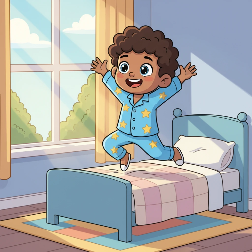 Leo bounced out of bed, his pajamas bright blue and his smile even brighter. The sun peeked through his window, ready for a new day of adventures. He stretched like a happy little cat, eager to see what wonders awaited him.
