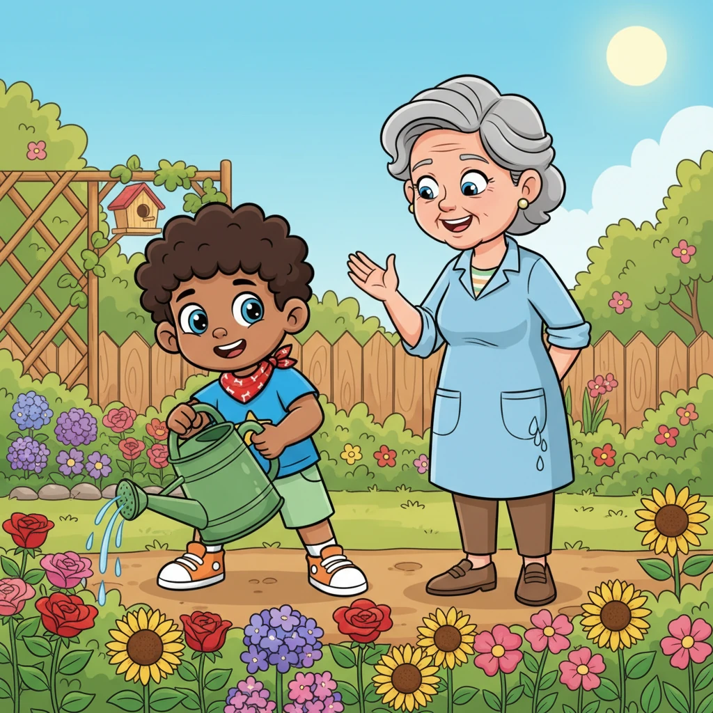 Later that morning, Leo saw Mrs. Gable struggling with a heavy watering can in her garden. He rushed over, his small muscles flexing as he took the can and helped water her vibrant flowers. Mrs. Gable beamed, grateful for his strong and kind assistance.