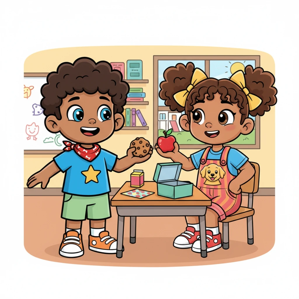 At school, during snack time, Leo noticed his friend Lily looking sad because she had forgotten her lunchbox. Without a second thought, Leo happily offered to share his delicious apple and a yummy cookie. Lily's face lit up with a grateful smile, and they munched together.