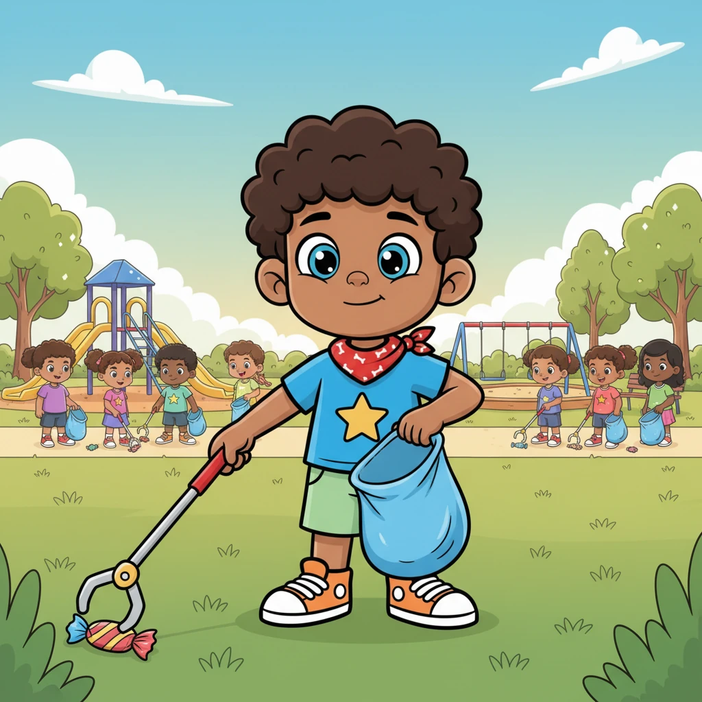 After school, Leo joined a group of volunteers at the park, armed with a bright blue bag and a grabber tool. He diligently picked up stray wrappers and bottles, making the playground sparkly clean for everyone. His efforts made the park a much nicer place to play.