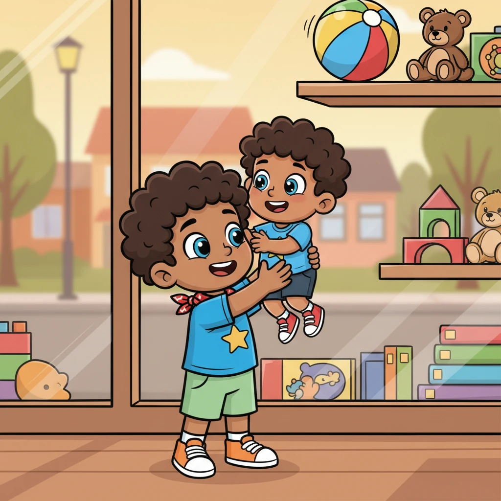 On his way home, Leo saw a smaller child, Timmy, trying to reach a colorful bouncy ball stuck on a high shelf in the toy store window. Leo, with his slightly taller height, carefully lifted Timmy up so he could grab his favorite toy. Timmy giggled with delight, clutching his ball.