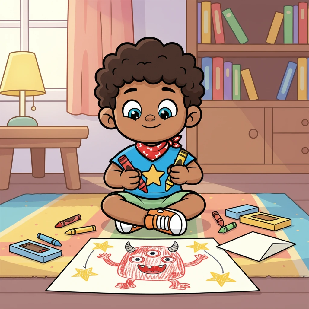 Back home, Leo remembered his friend Max was feeling unwell, so he took out his crayons and paper. With bright reds and yellows, he drew a silly monster juggling stars, hoping to make Max giggle and feel a little better. He carefully folded the drawing, ready to deliver it.