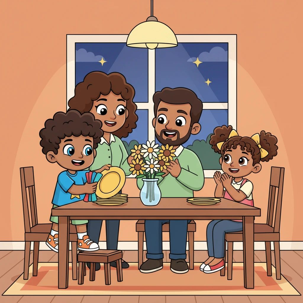 As evening approached, Leo helped his mom set the dinner table, carefully placing plates and colorful napkins. He even remembered to put out the special flower centerpiece. His family smiled, appreciating his helpful hands and cheerful spirit.