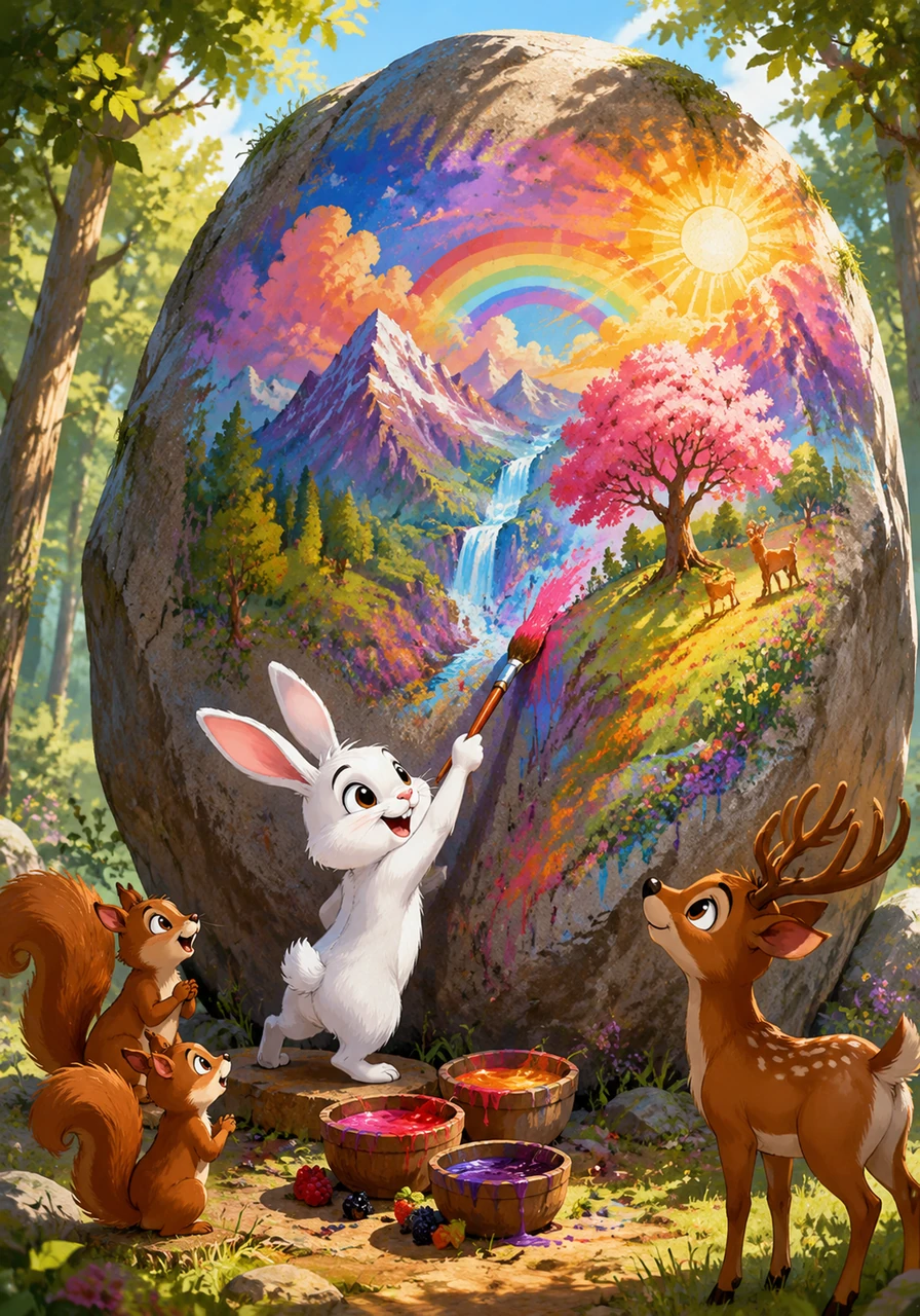 Bien que sa machine n'ait pas encore décollé, Pinpin ne se découragea pas et s'essaya à la peinture monumentale sur le Grand Rocher de la clairière. Il utilisa des jus de baies colorées pour dessiner un monde merveilleux où chaque animal pourrait réaliser ses désirs les plus fous, inspirant tous ceux qui passaient par là.